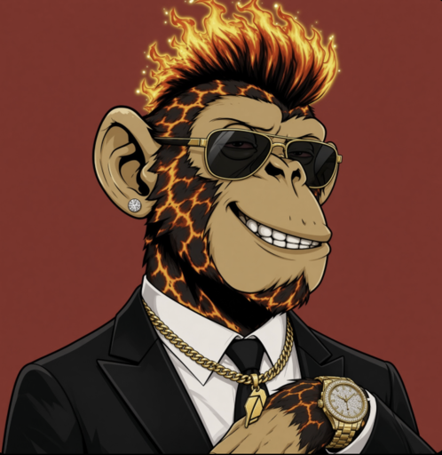 Mascot: Magma fur ape in black suit with gold jewelry