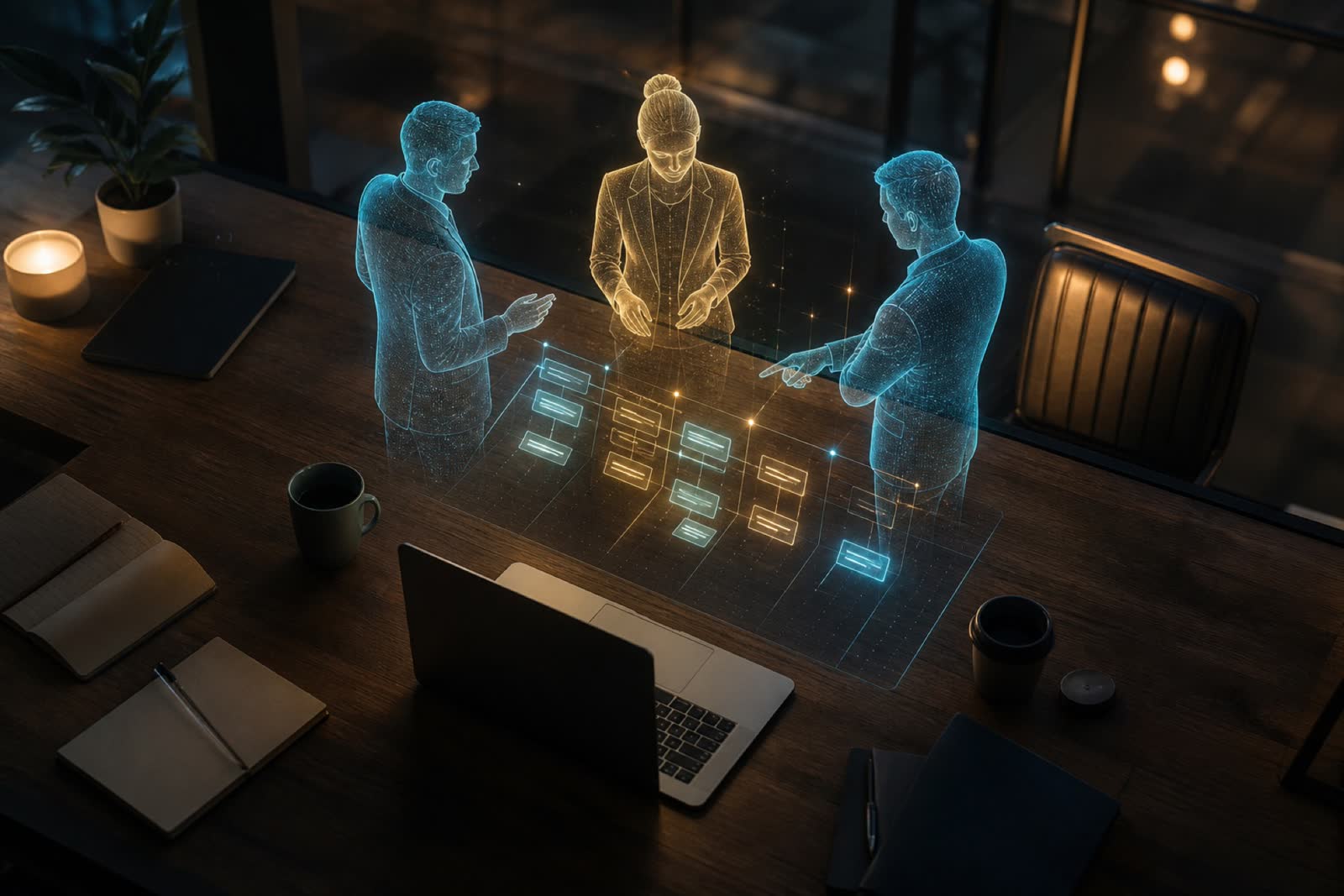 AI workforce collaborating around a founder desk