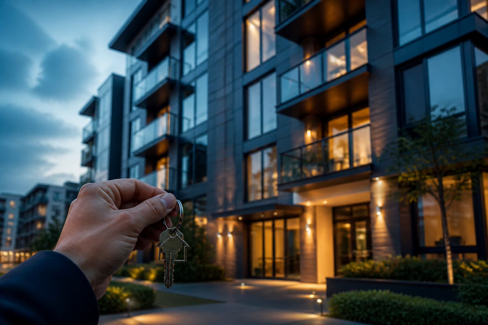 City apartments at dusk with keys in the foreground